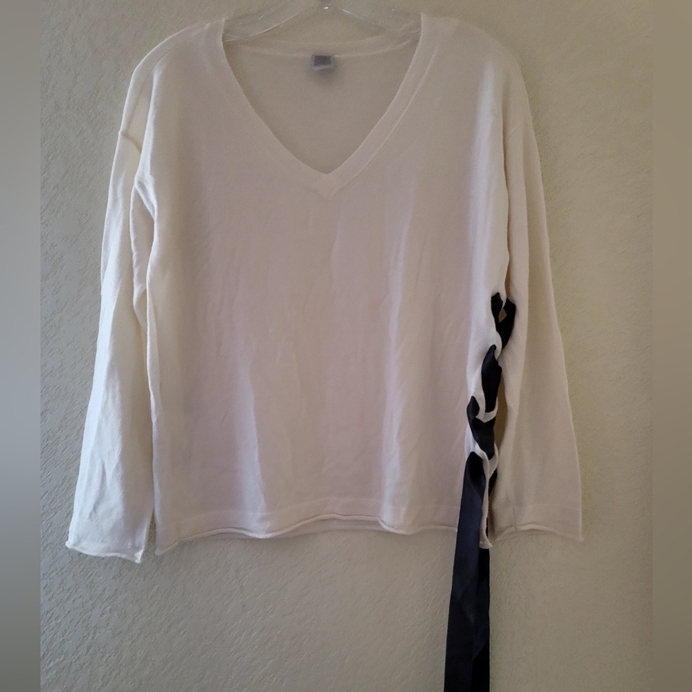 Eleventy Platinum Cashmere Sweater Ivory Womens XS V-neck Lace Up Slouchy - Picture 2 of 14